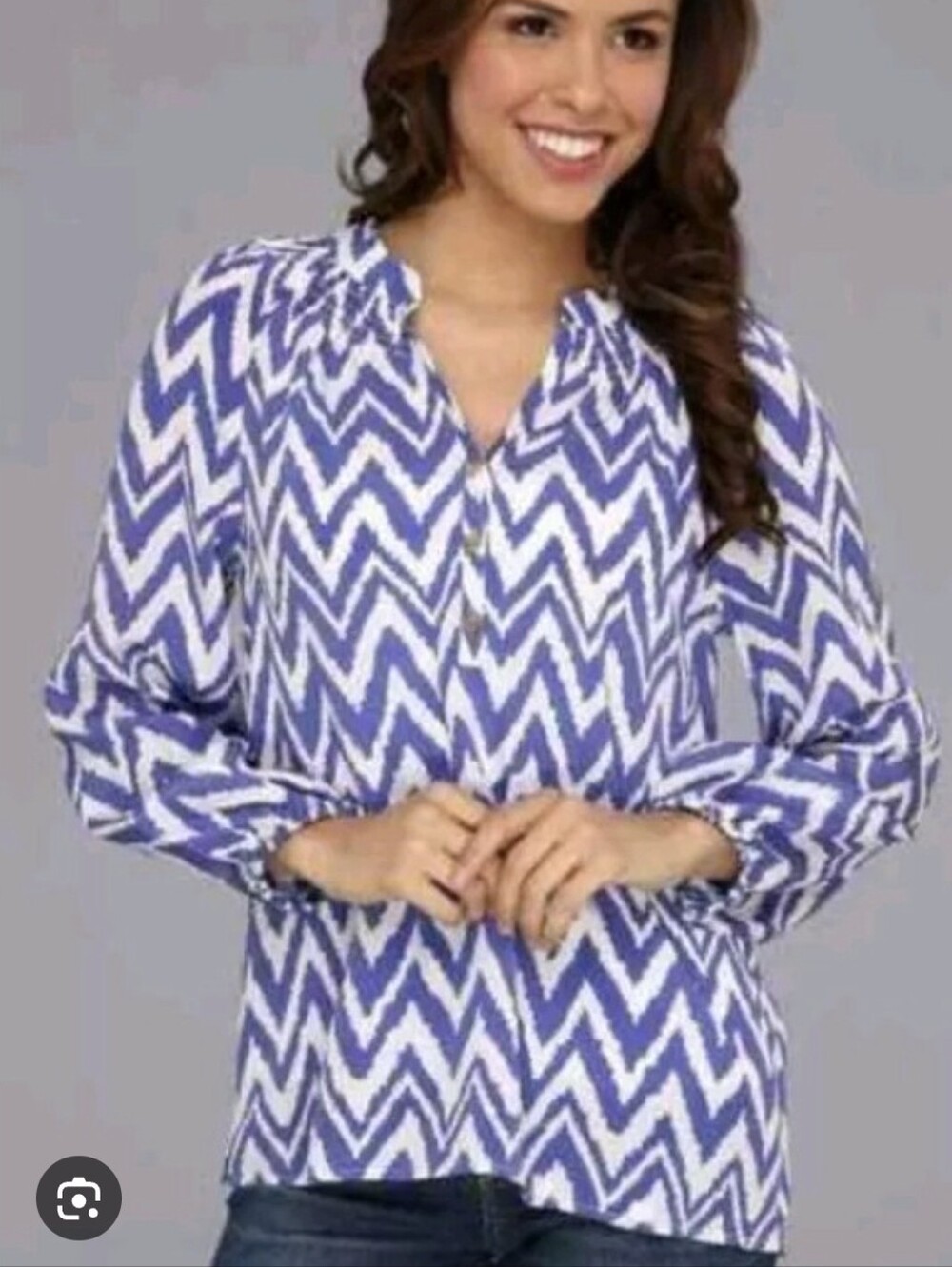 Lilly Pulitzer Elsa 100% Silk Blue Chevron  Peasant Blouse Size M AS IS"